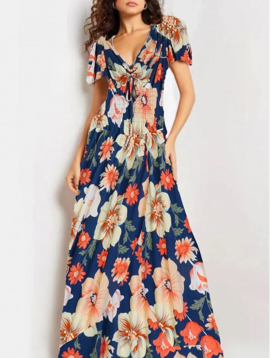 Floral V -Neck Short Sleeved Summer Dress